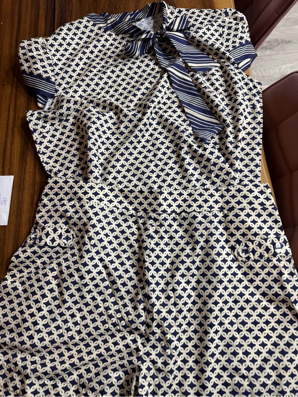 Navy and Cream Patterned Tie-Neck two piece set